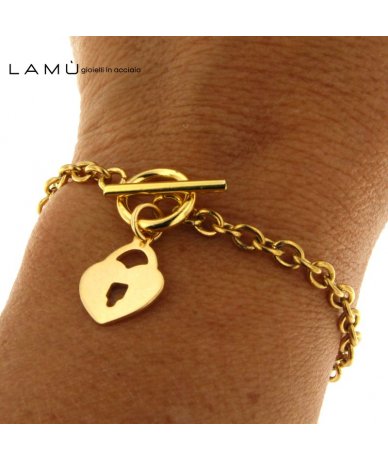 BRACCIALE DONNA IN ACCIAIO DORATO CON LUNA, CUORE LUCCHETTO E STELLA