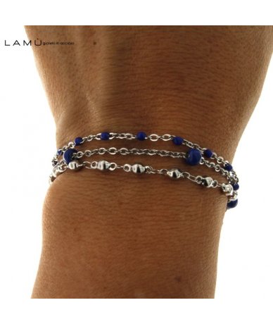 Bracciale multifilo in acciaio inox con sfere smaltate blu - Lamù Gioielli